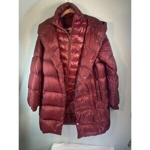 ATHLETA WOMENS MED RUST DOWN PUFFER JACKET REMOVABLE LINING HOODED PACKABLE